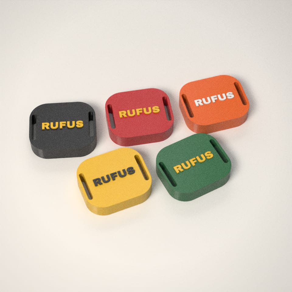 Personalised AirTag Holder for Dog Collars in 5 colours: Jet Black, Post-box Red, Hi-Vis Orange, Sunflower, Racing Green