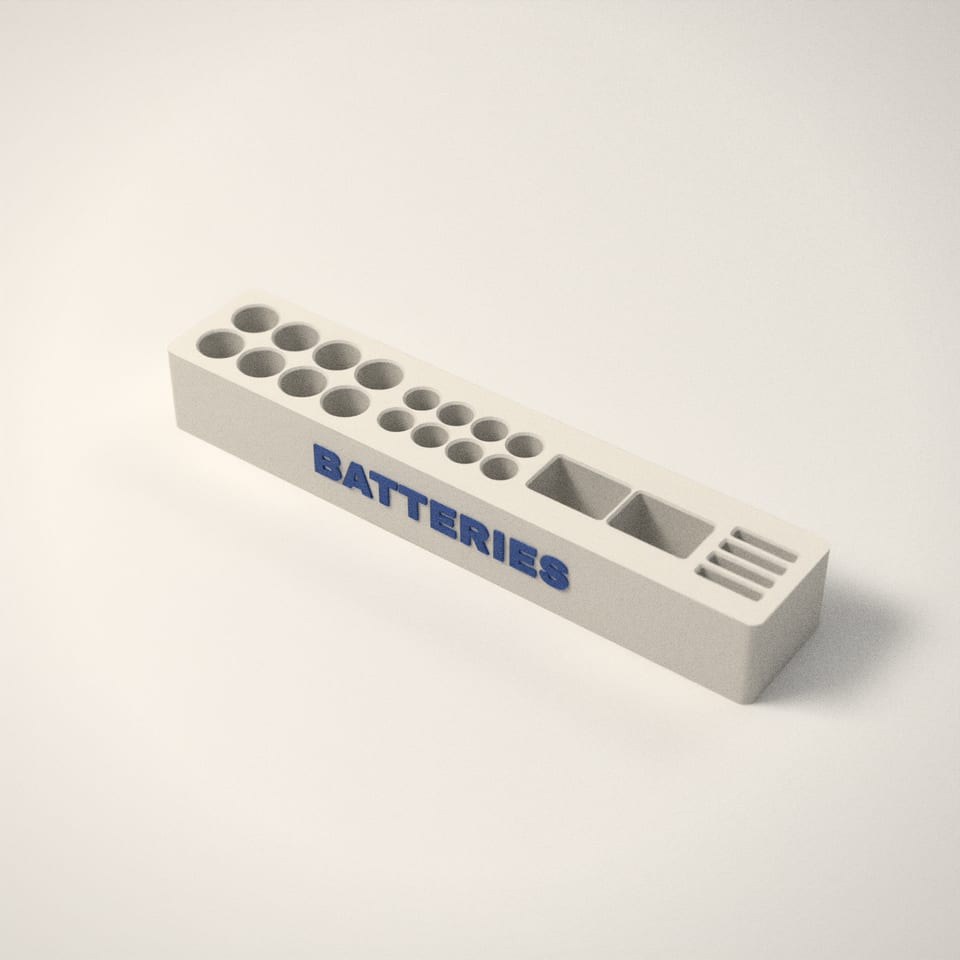 Battery Organiser from a low side angle, showing how far the lettering stands up