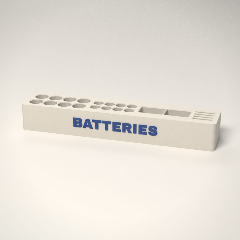 Ivory White Battery Organiser reading 'BATTERIES' in Marine Blue letters