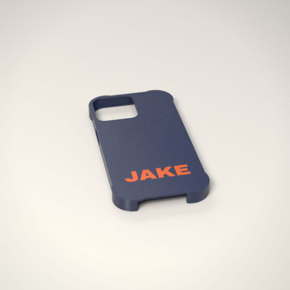 Navy personalised Bumper Phone Case reading 'JAKE' in Hi-Vis Orange letters