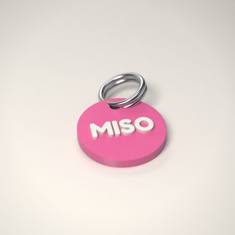Bubblegum personalised Cat ID Tag reading 'MISO' in Snow White letters