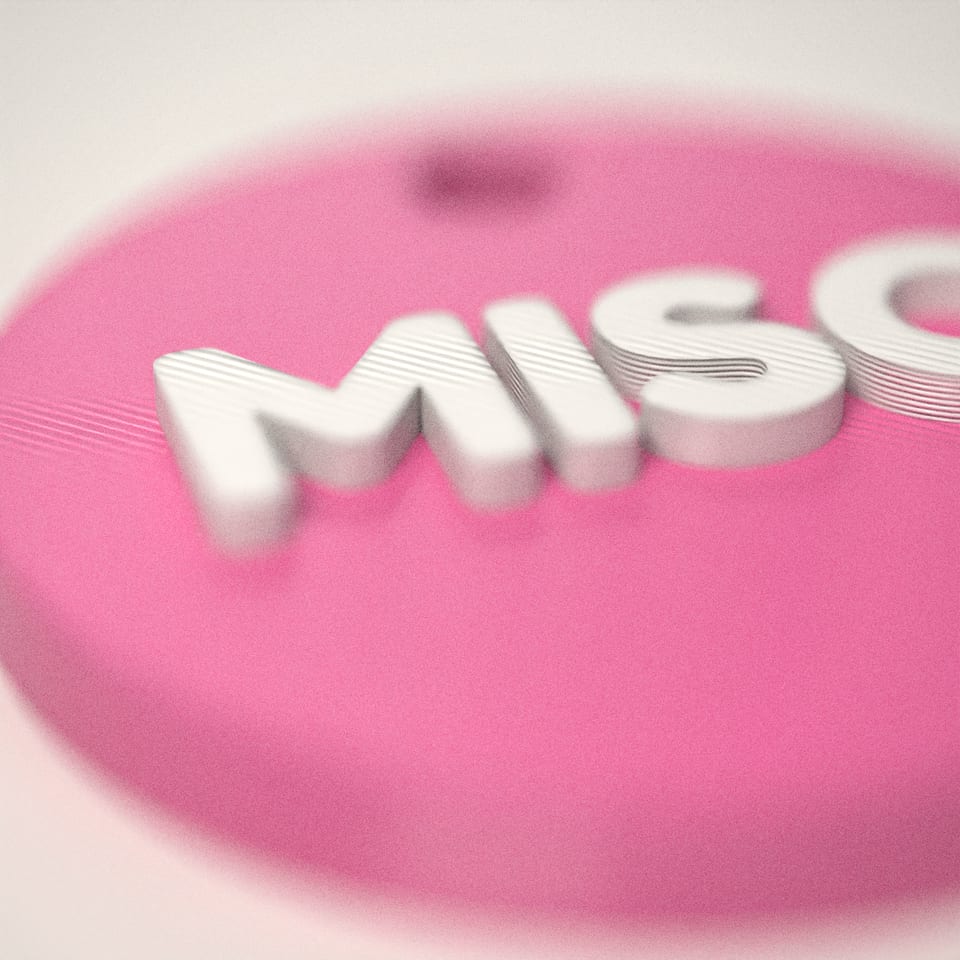 Close-up of the 'MISO' lettering, showing the fine 0.2 mm print layers
