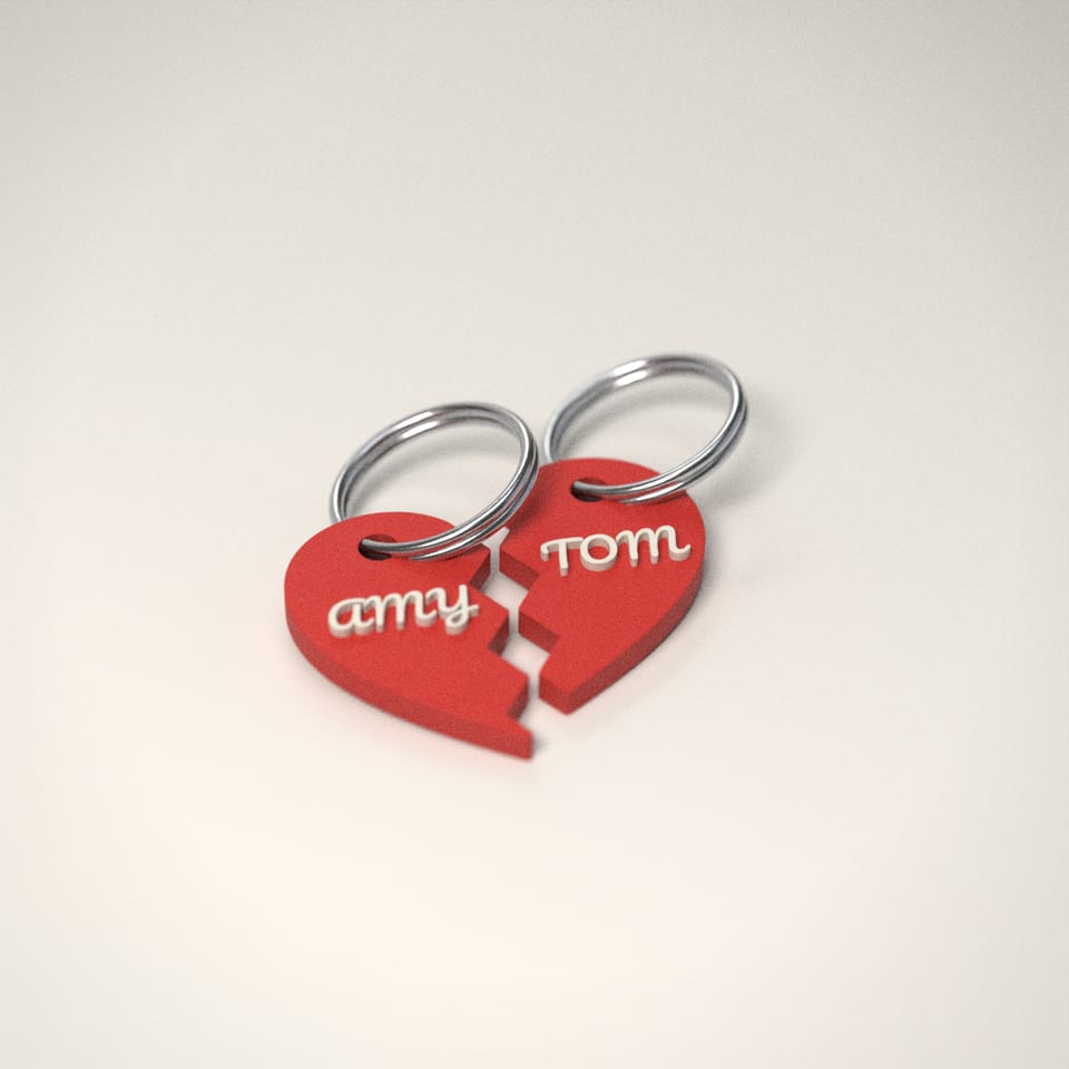 Scarlet Red Couples Heart Keyrings (Set of 2) reading 'AMY' in Ivory White letters