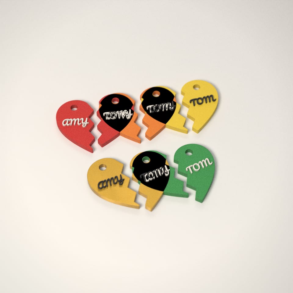 Couples Heart Keyrings (Set of 2) in 5 colours: Scarlet Red, Mandarin Orange, Lemon Yellow, Silk Gold, Grass Green