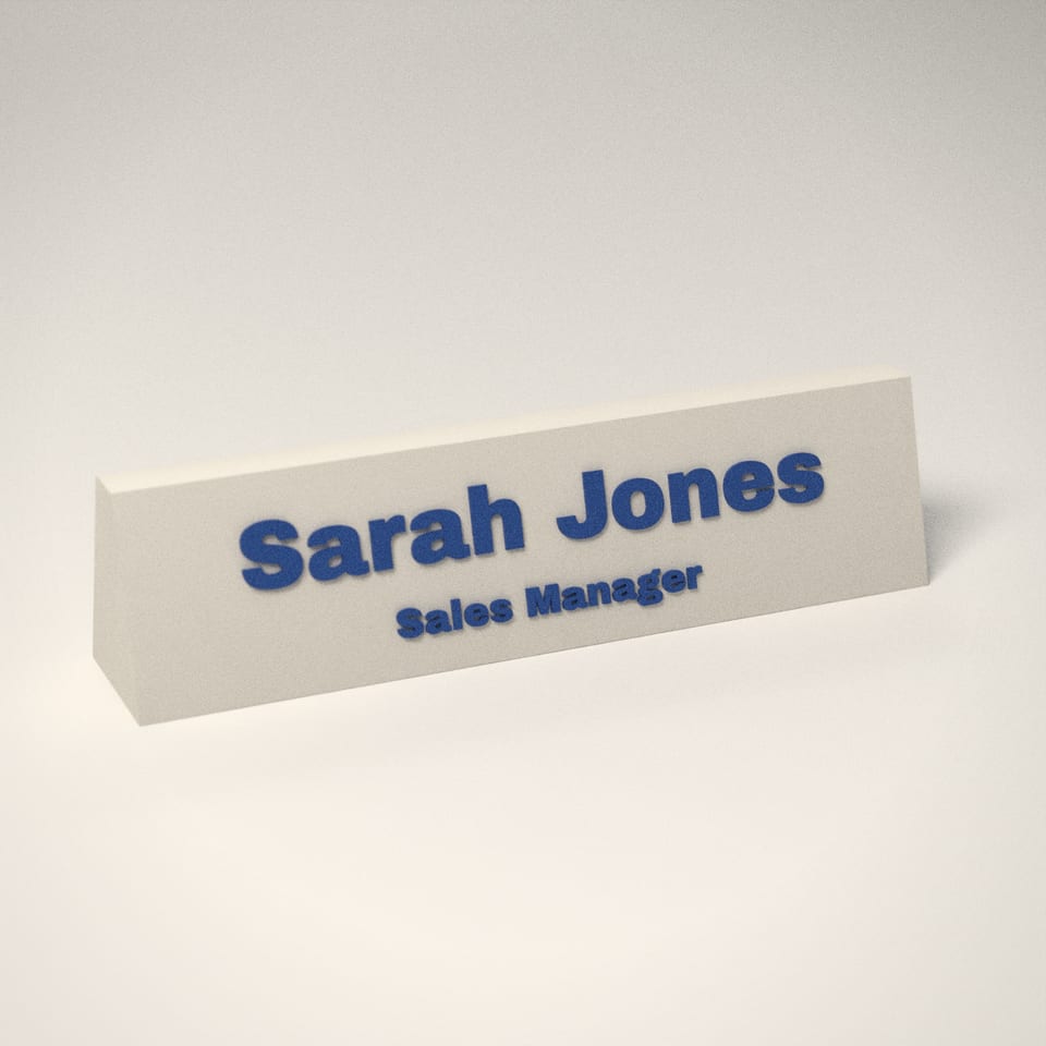 Ivory White personalised Desk Name Plate reading 'Sarah Jones' in Marine Blue letters