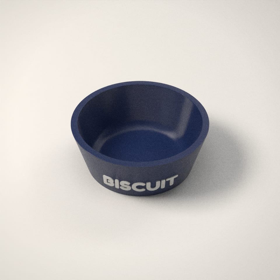 Personalised Dog Bowl from a low side angle, showing how far the lettering stands up