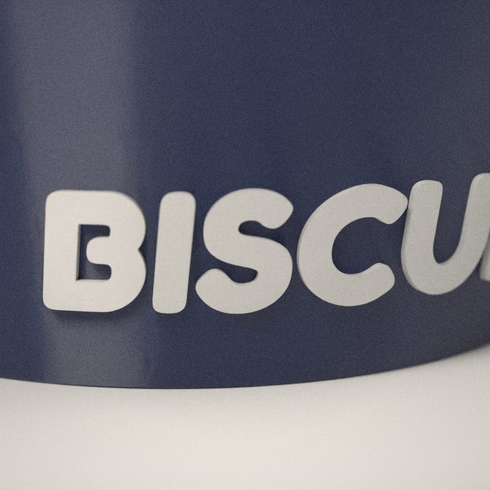 Close-up of the 'BISCUIT' lettering, showing the fine 0.2 mm print layers