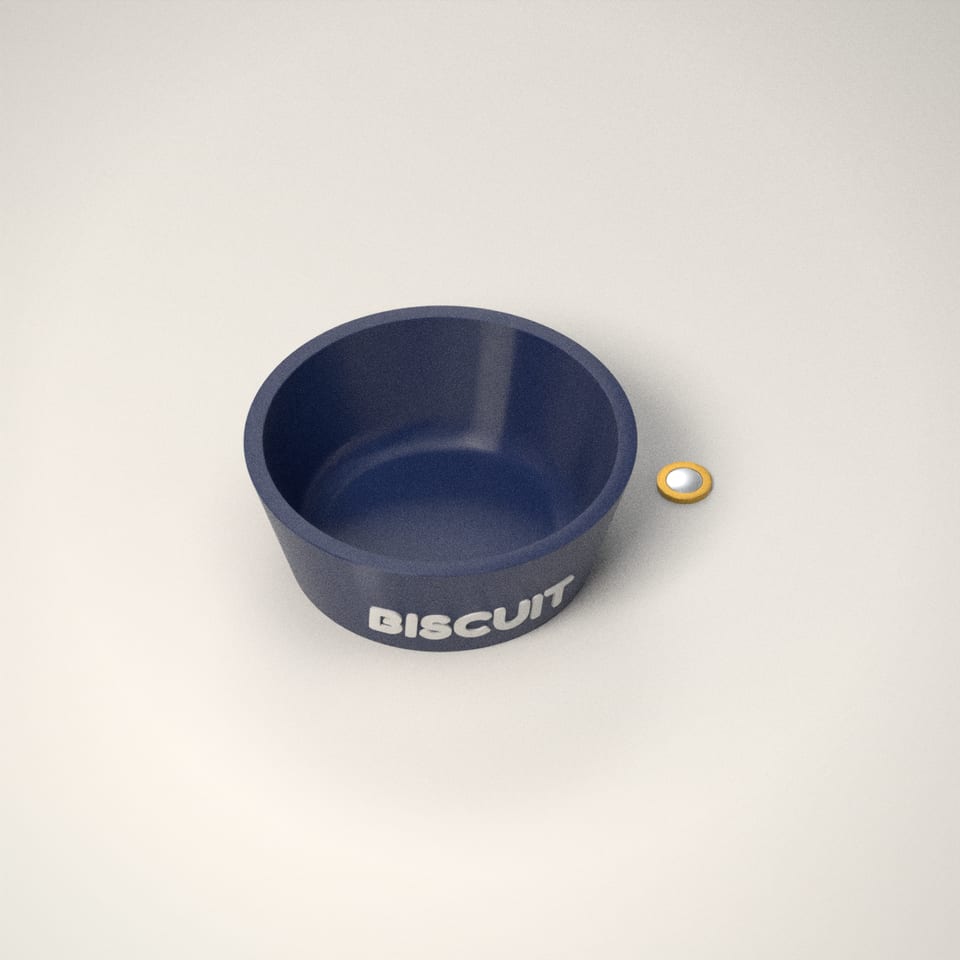 Personalised Dog Bowl next to a £1-coin-sized disc for scale