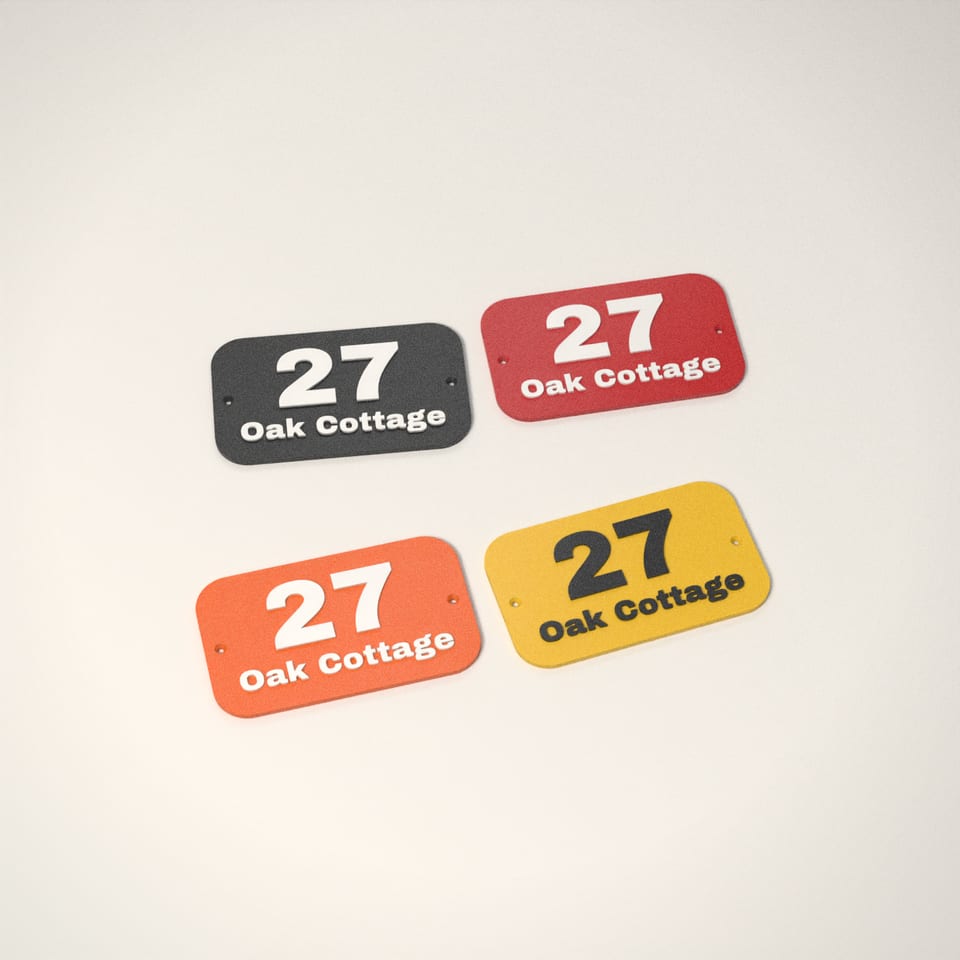House Number Sign in 4 colours: Jet Black, Post-box Red, Hi-Vis Orange, Sunflower