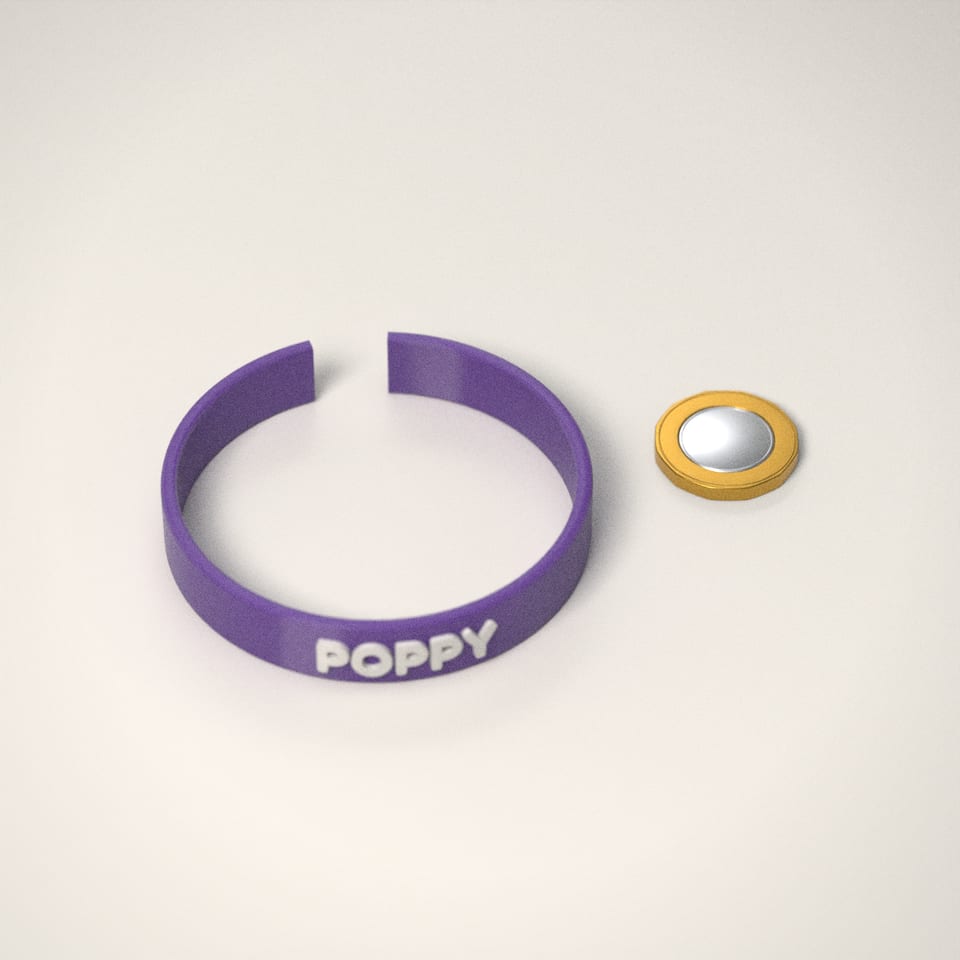 Personalised Name Bangle next to a £1-coin-sized disc for scale