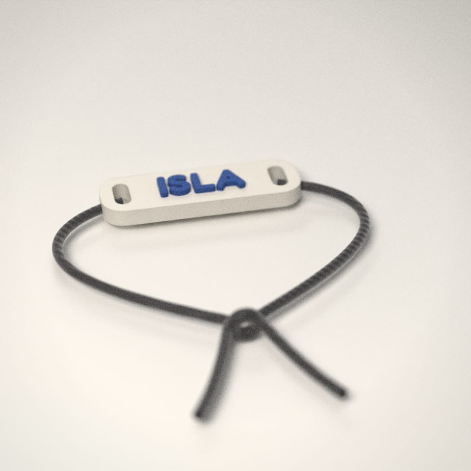 Ivory White personalised Name Bracelet reading 'ISLA' in Marine Blue letters