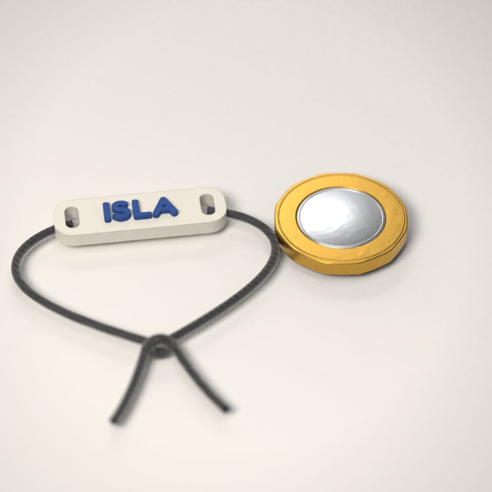 Personalised Name Bracelet next to a £1-coin-sized disc for scale