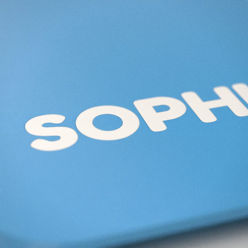 Close-up of the 'SOPHIE' lettering, showing the fine 0.2 mm print layers