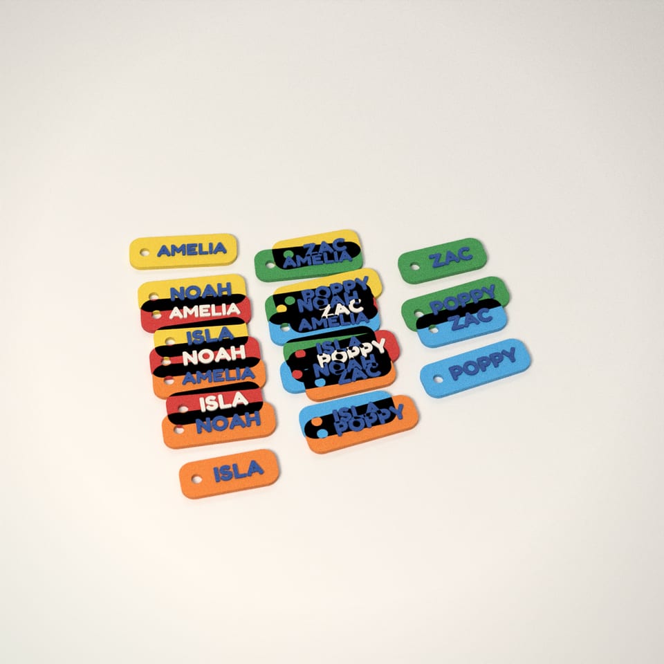 Party Bag Name Keyrings in 5 colours: Lemon Yellow, Scarlet Red, Mandarin Orange, Grass Green, Sky Blue