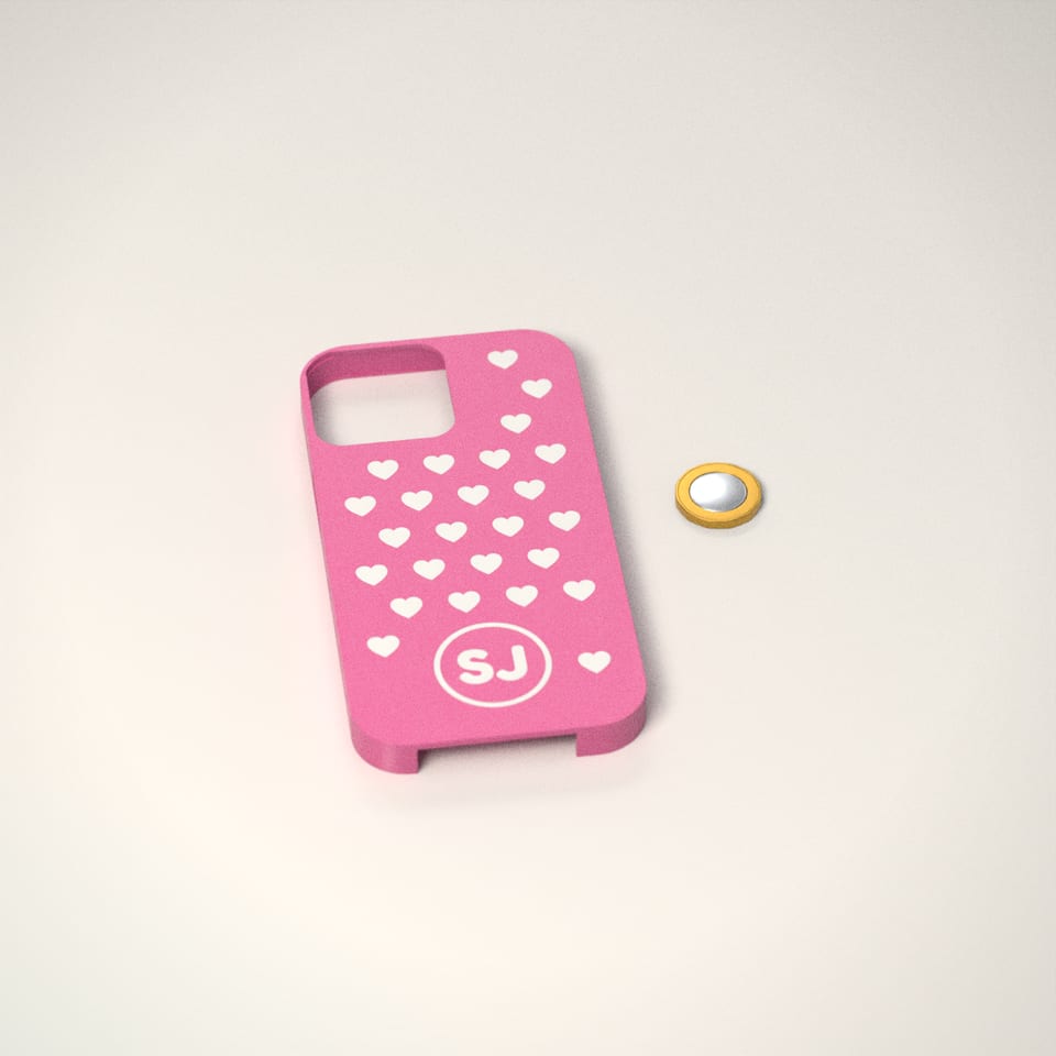 Personalised Pattern Phone Case next to a £1-coin-sized disc for scale