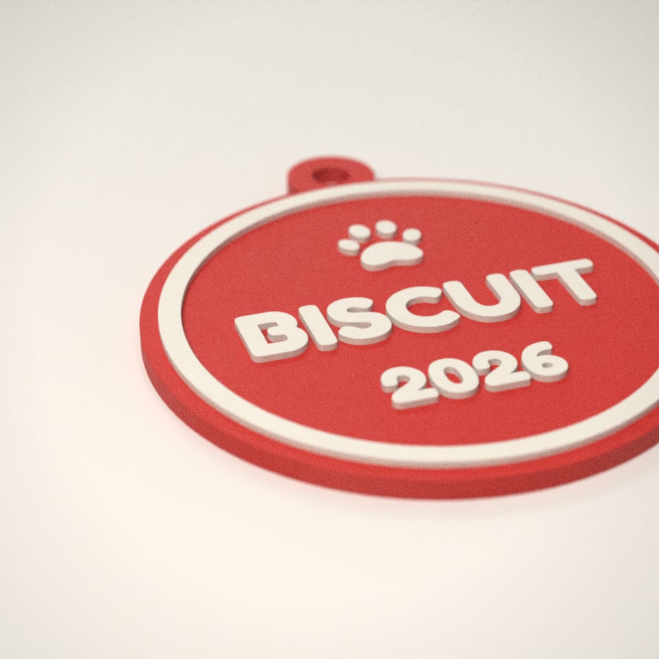 Close-up of the 'BISCUIT' lettering, showing the fine 0.2 mm print layers