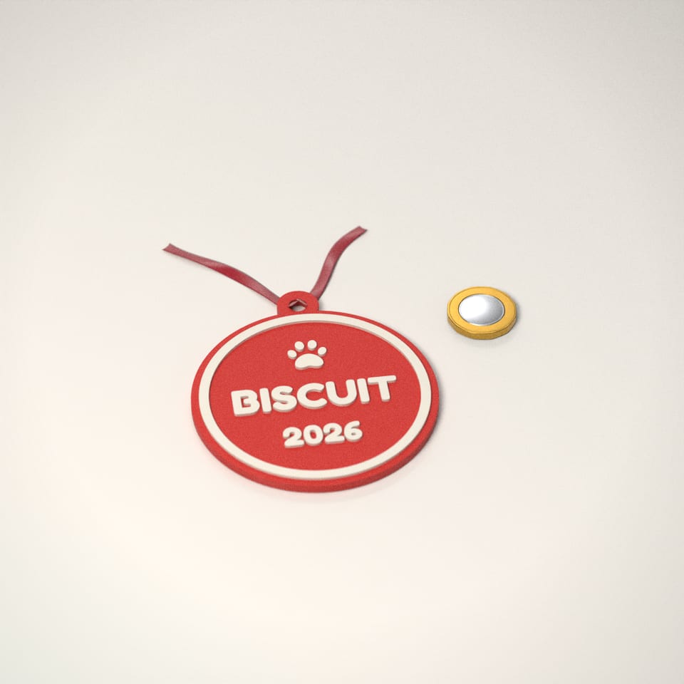Personalised Pet Christmas Bauble next to a £1-coin-sized disc for scale
