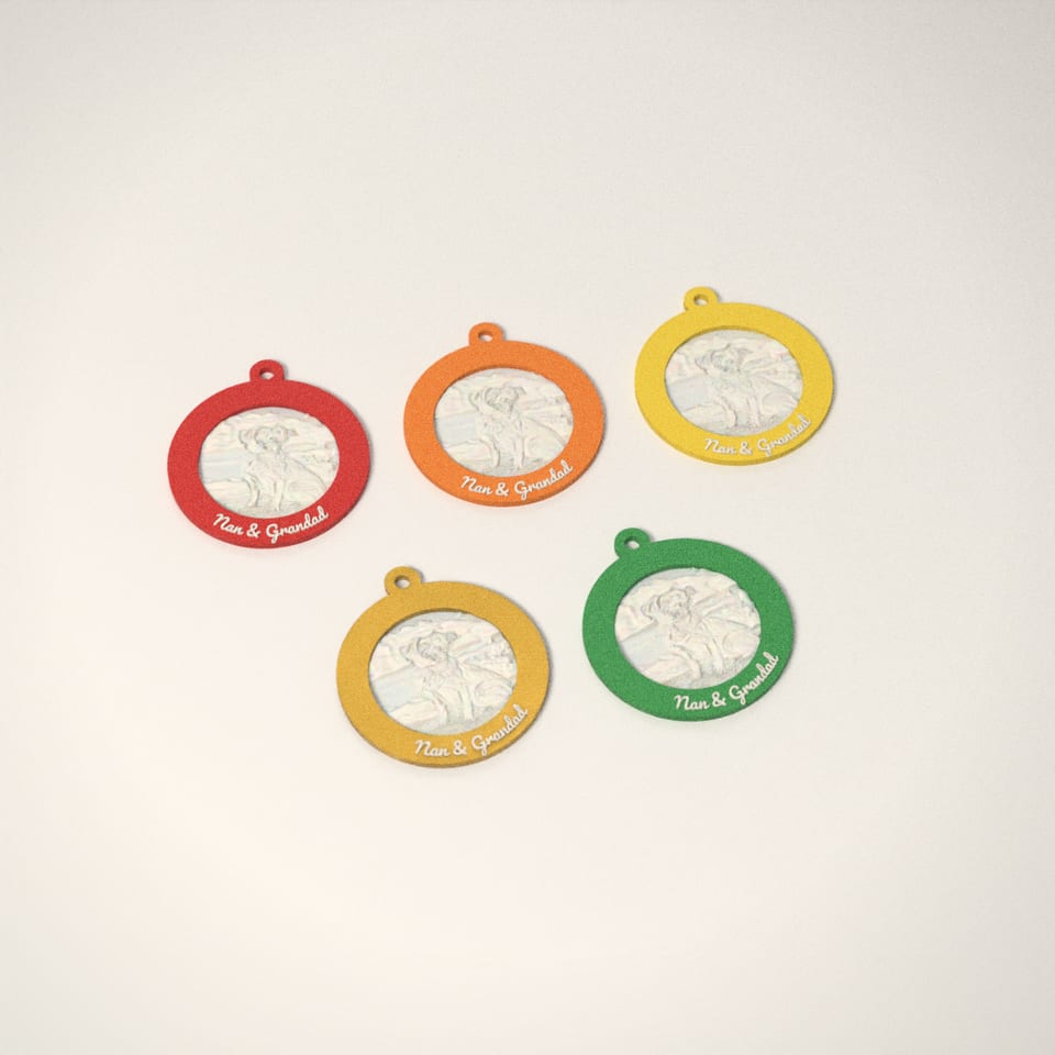 Photo Lithophane Bauble in 5 colours: Scarlet Red, Mandarin Orange, Lemon Yellow, Silk Gold, Grass Green
