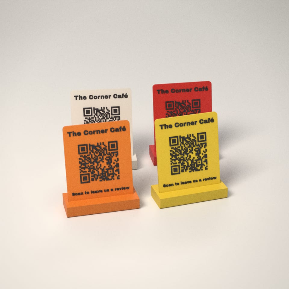 Scan to Review QR Stand in 4 colours: Ivory White, Scarlet Red, Mandarin Orange, Lemon Yellow