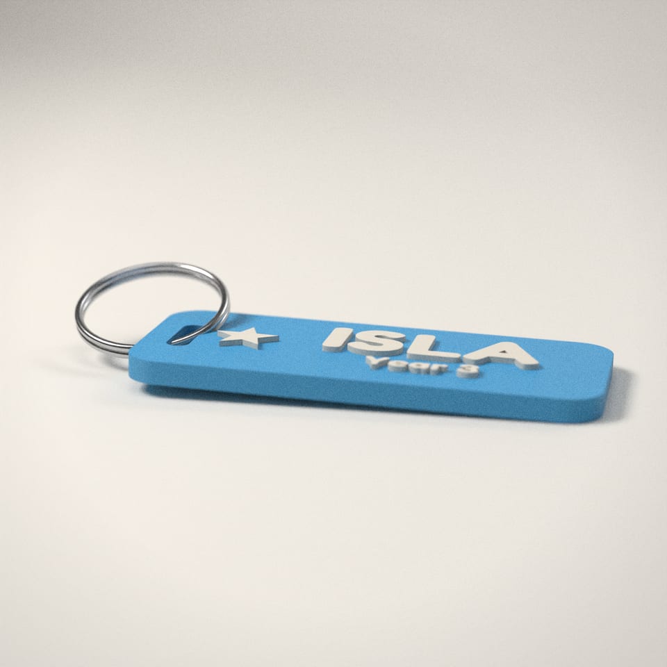 School Bag Name Tag from a low side angle, showing how far the lettering stands up