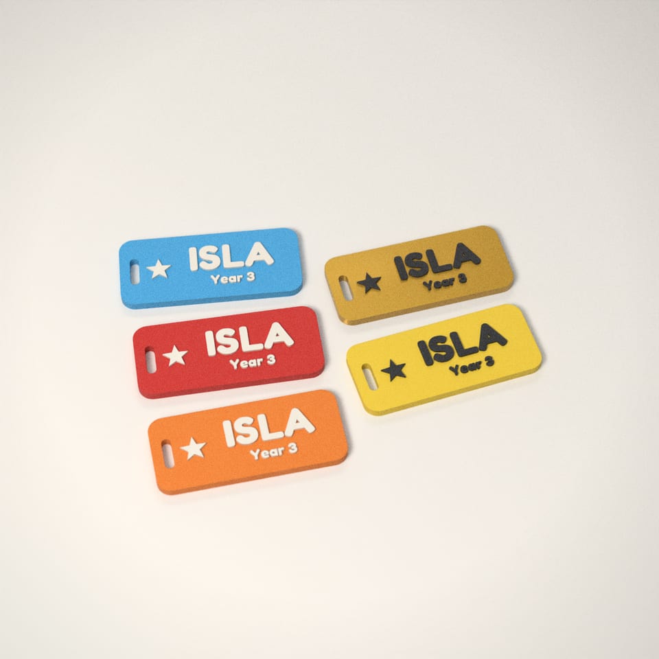 School Bag Name Tag in 5 colours: Sky Blue, Scarlet Red, Mandarin Orange, Silk Gold, Lemon Yellow