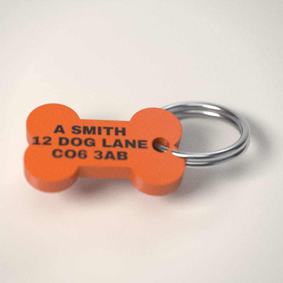 Back of the dog tag, with the owner's details printed flush into the surface