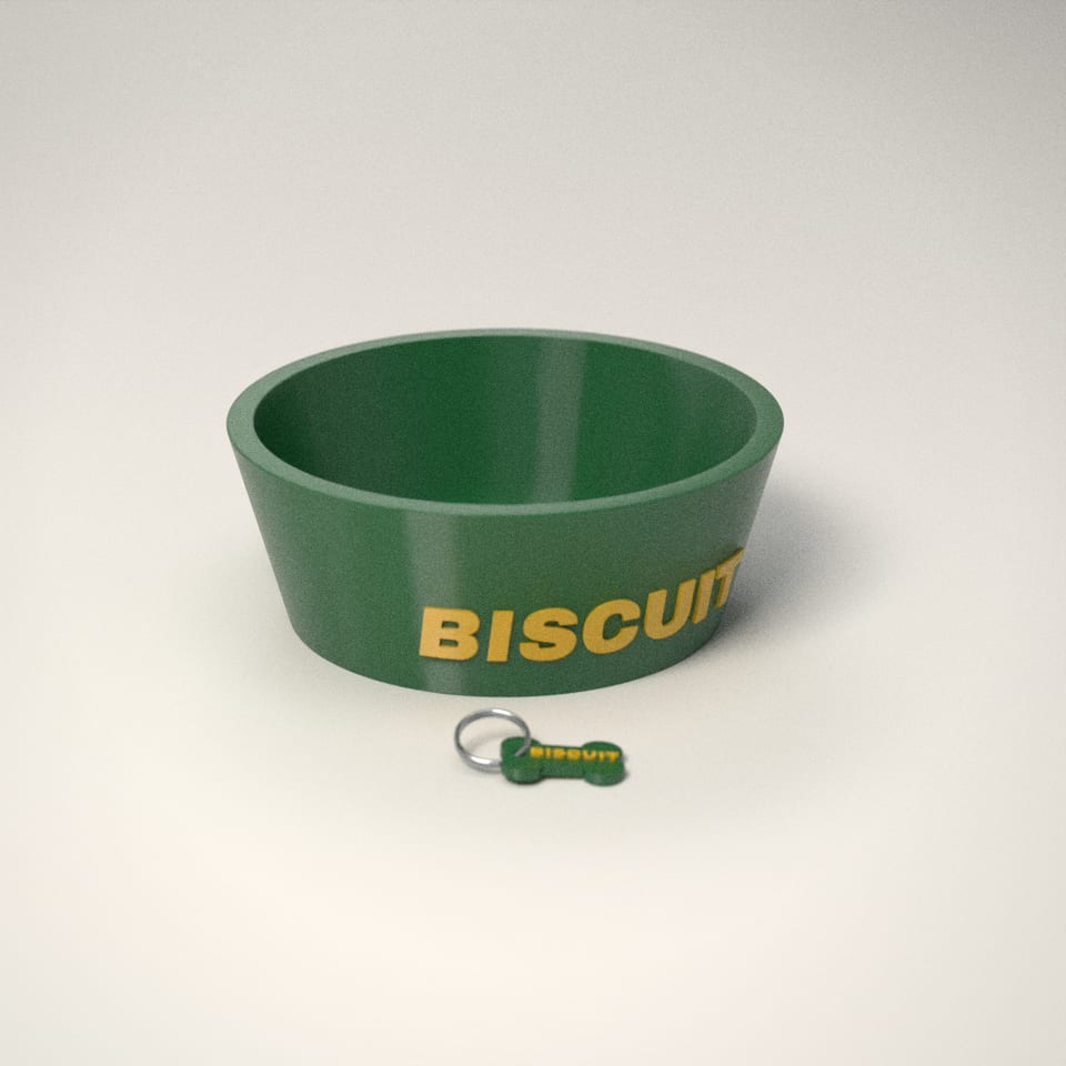 Racing Green Matching Dog Tag & Bowl Set reading 'BISCUIT' in Sunflower letters