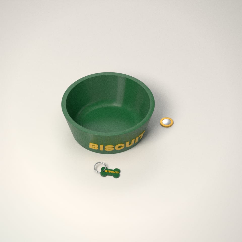 Matching Dog Tag & Bowl Set next to a £1-coin-sized disc for scale